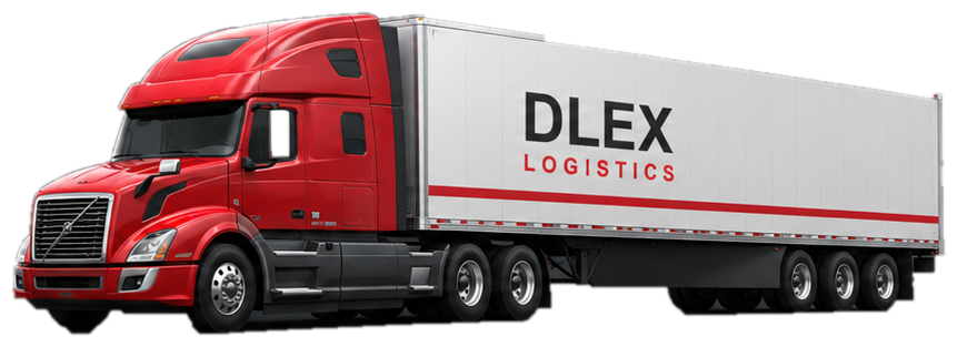 Red DLEX Logistics semi truck with white trailer